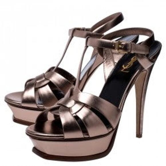 Yves Saint Laurent Paris Metallic Bronze Leather Tribute Platform Heels - 7 - Picture 4 of 4